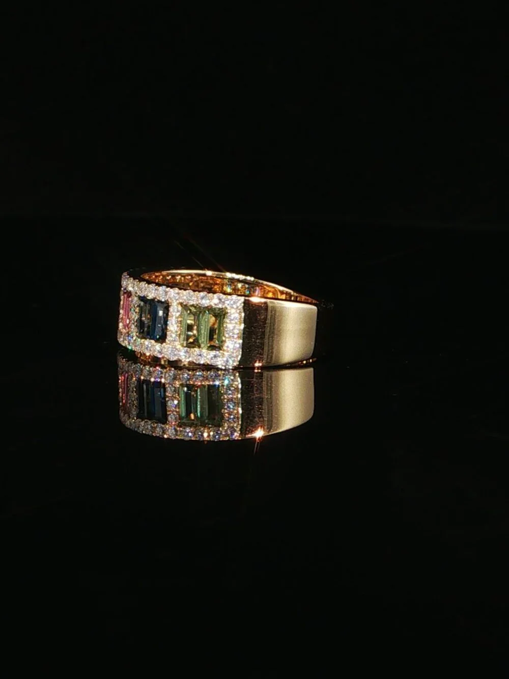 Rainbow Baguette Diamond Wide Band Cocktail Statement Ring| Lab grown diamond